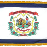 West Virginia State Flag 3' x 5' INDOOR Printed Nylon with yellow fringe, showing the state's emblem and a diagonal crimson cross on a white field.