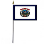 West Virginia Stick Flag - 4 x 6 mounted on a 10.5 plastic stick with a gold spear finial. Features bright colors and individually sewn edges.