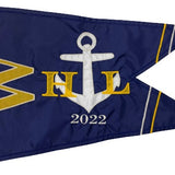 Custom SEWN Applique BURGEE with a white anchor and a yellow letter on blue and yellow fabric, showcasing detailed hand-sewn design.