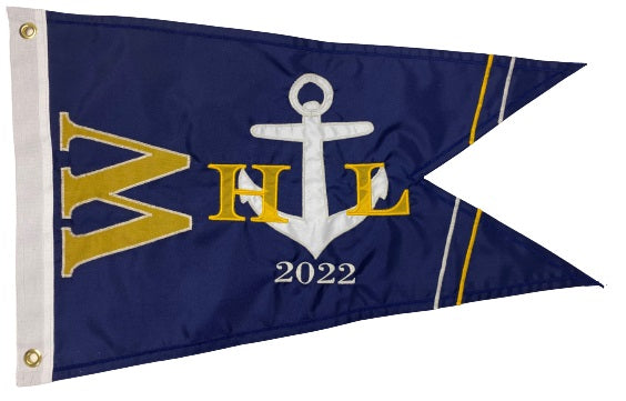 Custom SEWN Applique BURGEE with a white anchor and a yellow letter on blue and yellow fabric, showcasing detailed hand-sewn design.