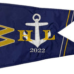 Custom SEWN Applique Wedding Flag showing a blue and yellow pennant with a white anchor and letter, showcasing Beaver Flags' high-quality hand-sewn design.