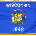 Wisconsin State Flag 3' x 5' INDOOR Printed Nylon featuring blue field, yellow fringe, and pole sleeve with Velcro tabs. Includes emblem with man and dog.