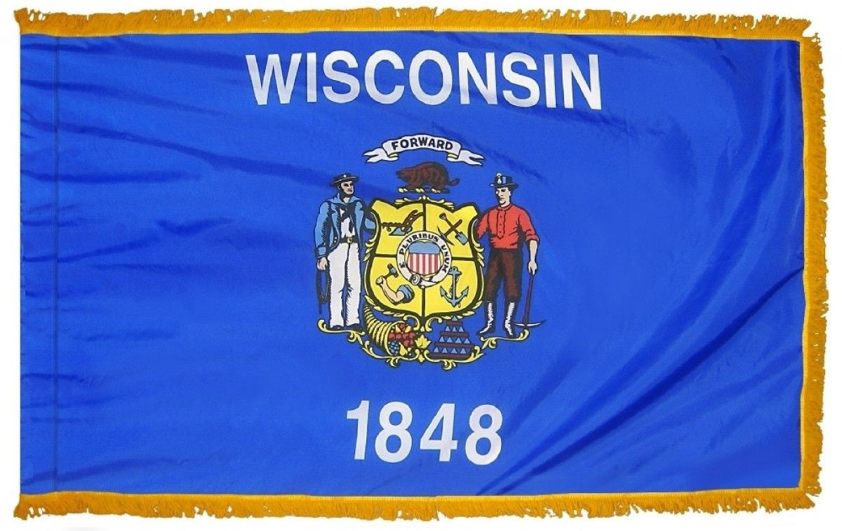 Wisconsin State Flag 3' x 5' INDOOR Printed Nylon featuring blue field, yellow fringe, and pole sleeve with Velcro tabs. Includes emblem with man and dog.