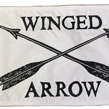 Custom SEWN Applique FLAG featuring black arrows on a white background, crafted from UV-resistant nylon with brass grommets for durability.