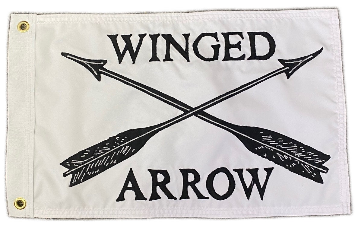 Custom SEWN Applique FLAG featuring black arrows on a white background, crafted from UV-resistant nylon with brass grommets for durability.