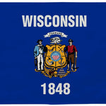 Wisconsin State Flag 5' x 8' Printed Nylon featuring two men, a shield, and state emblem on blue background with brass grommets for outdoor use.