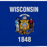 Wisconsin State Flag 5' x 8' Printed Nylon featuring two men, a shield, and state emblem on blue background with brass grommets for outdoor use.