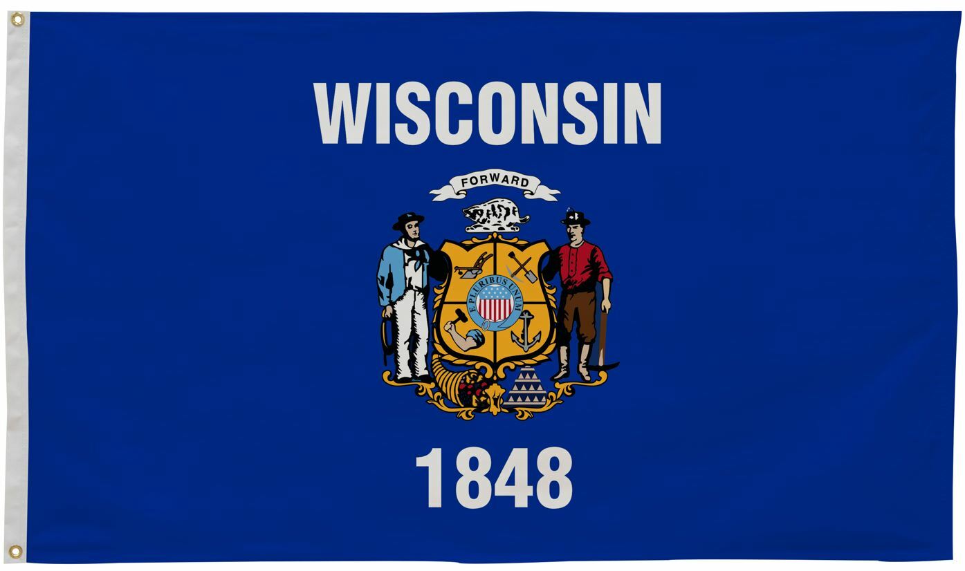 Wisconsin State Flag 5' x 8' Printed Nylon featuring two men, a shield, and state emblem on blue background with brass grommets for outdoor use.