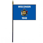 Wisconsin Stick Flag - 4 x 6 Desktop Flag mounted on a 10.5 plastic stick with a gold spear finial, featuring white text on a blue background.