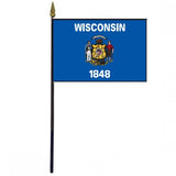 Wisconsin Stick Flag - 4 x 6 Desktop Flag mounted on a 10.5 plastic stick with a gold spear finial, featuring white text on a blue background.