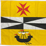 Custom SEWN Applique FLAG featuring a yellow background, red cross, and ship design, crafted with UV-resistant nylon, strong header, and brass grommets.