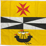 Custom SEWN Applique FLAG featuring a yellow background, red cross, and ship design, crafted with UV-resistant nylon, strong header, and brass grommets.