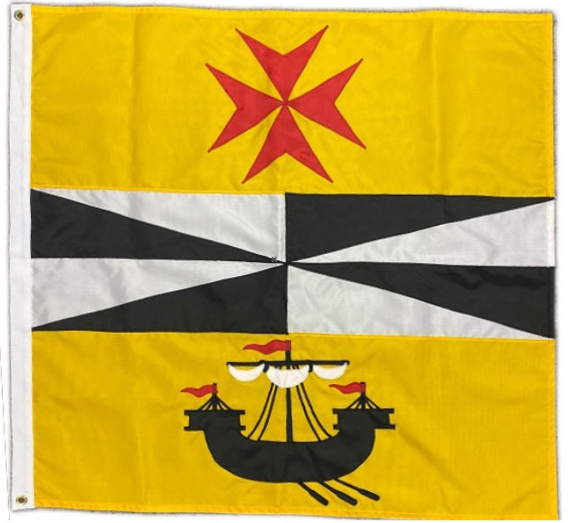 Custom SEWN Applique FLAG featuring a yellow background, red cross, and ship design, crafted with UV-resistant nylon, strong header, and brass grommets.