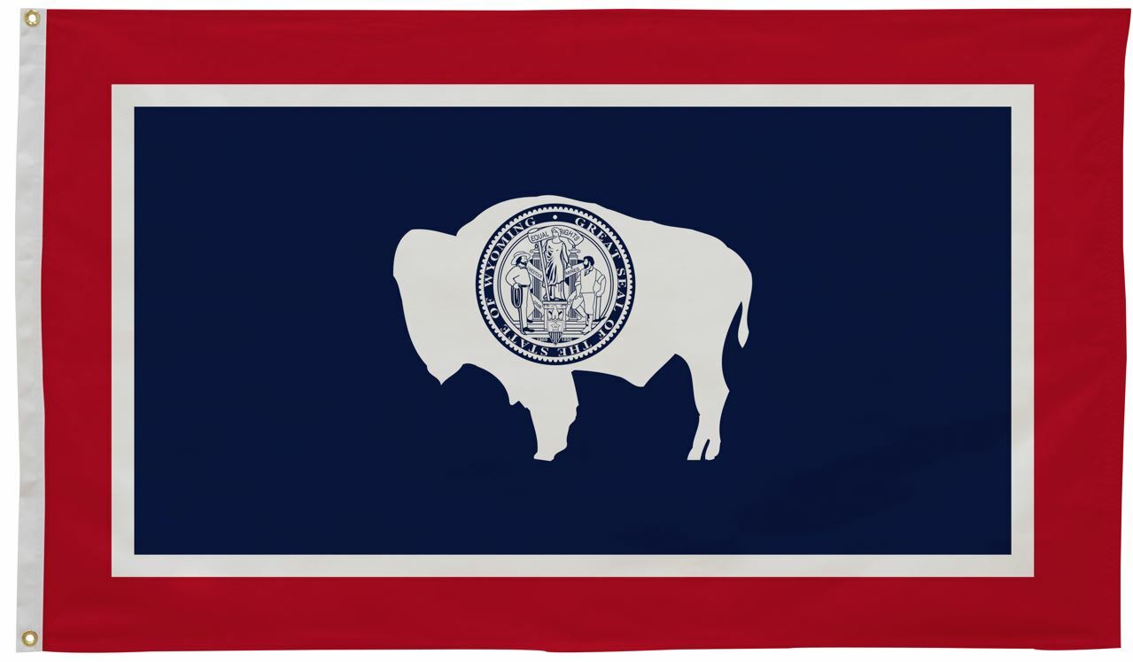 Wyoming State Flag 5' x 8' Printed Nylon featuring a buffalo symbol, designed for outdoor use with UV resistant material and brass grommets.