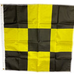 Checkered Flag Yellow and Black 3' x 3' with brass grommets, made of printed nylon, featuring a checkered pattern.