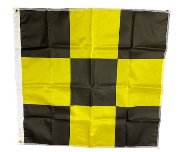 Checkered Flag Yellow and Black 3' x 3' with brass grommets, made of printed nylon, featuring a checkered pattern.