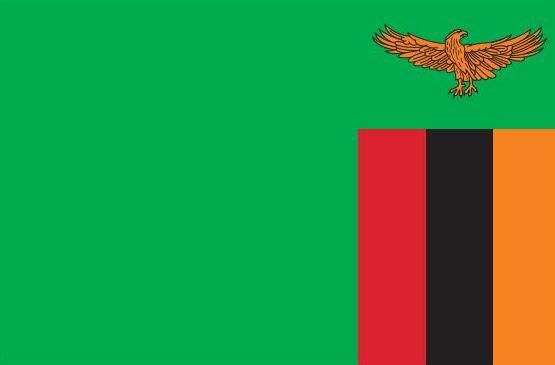 Zambia Flag Printed Nylon 3' x 5' with strong canvas header, two brass grommets, and full-color digital print, suitable for indoor or outdoor use.