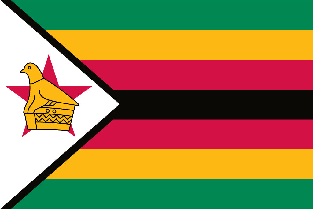 Zimbabwe Flag Printed Nylon 3' x 5', featuring a triangle and star design, with strong canvas header, brass grommets, and UV-resistant nylon for indoor or outdoor use.